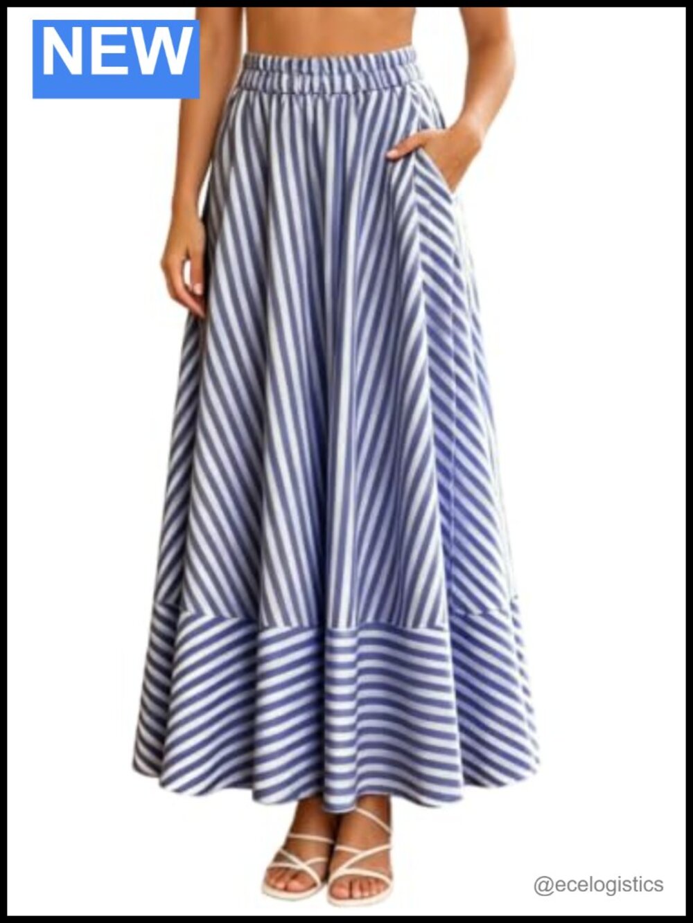Women's Elastic Waist Ruffled Striped Maxi Skirt with Pockets